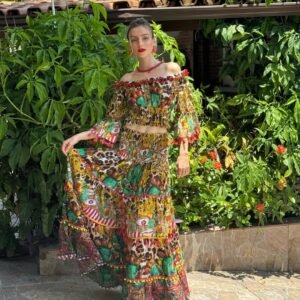 Conjunto de top e saia Dolce Mare em algodao, mangas longas, lindo da Antica Sartoria